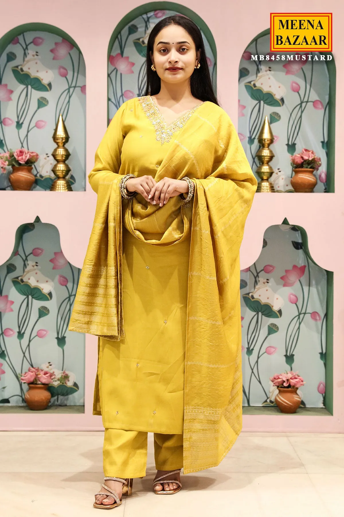 Mustard Muslin Cut Dana, Sequin Embroidered Suit Set