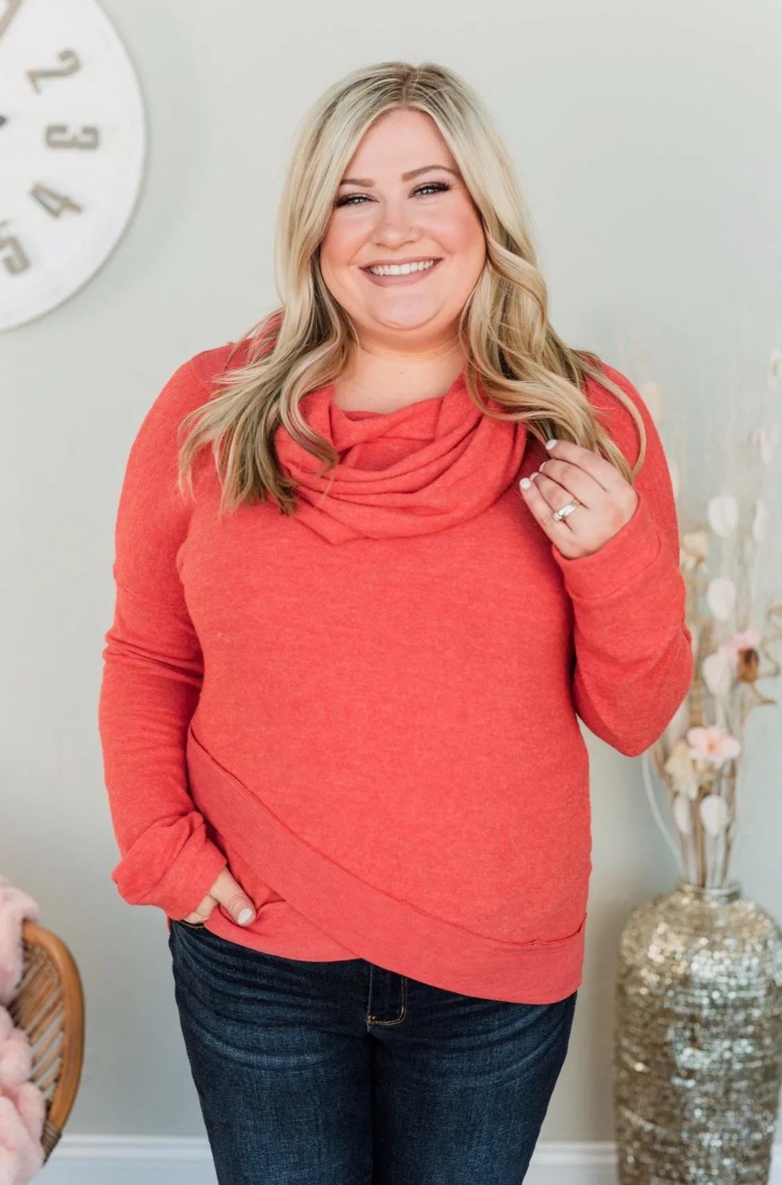 My Time To Shine Cowl Neck Top- Dark Coral