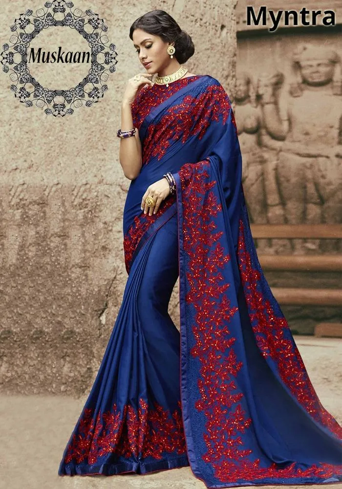 Myntra Embroidered Chiffon Saree 2019-Blue(Replica)(Unstitched)