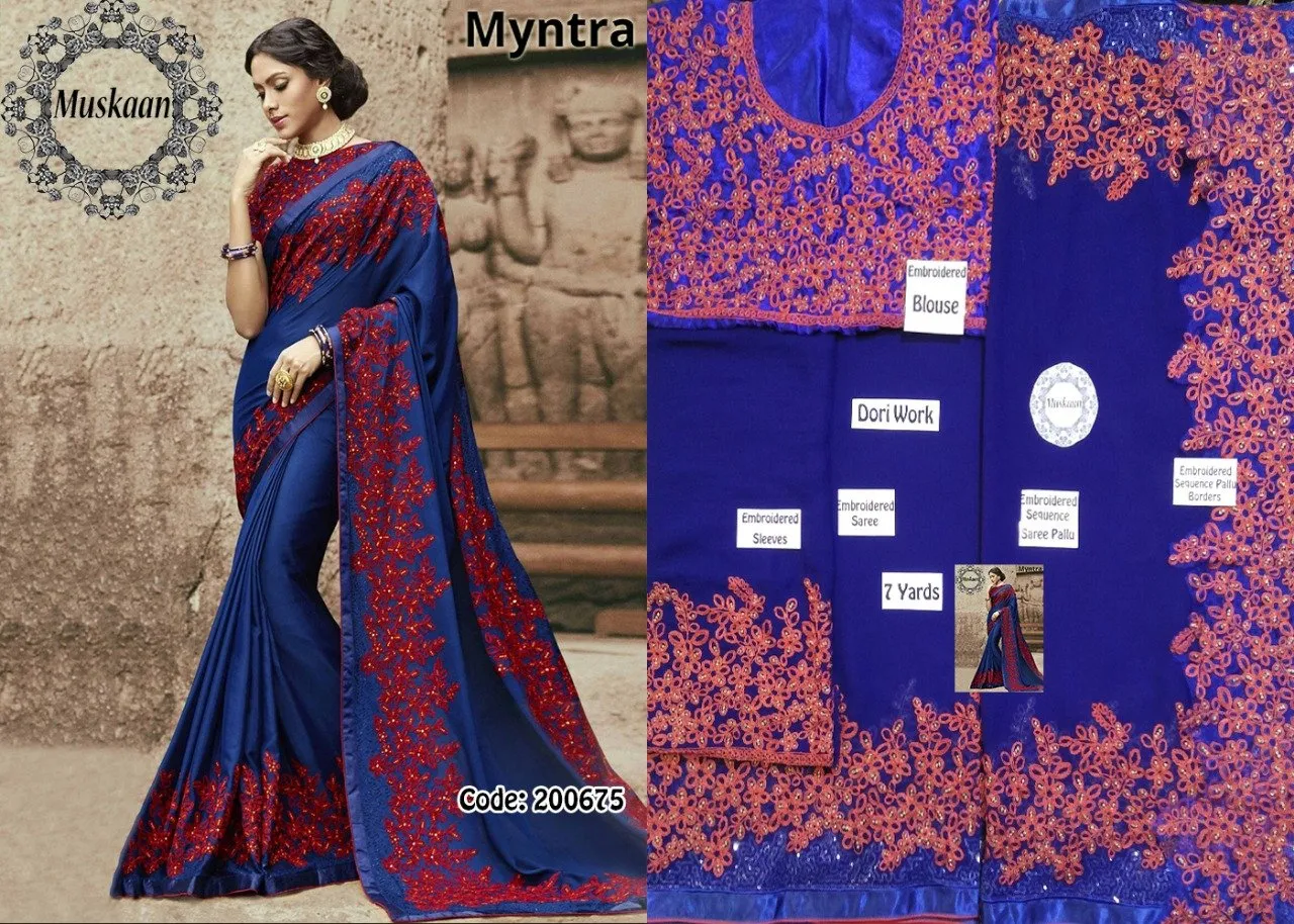 Myntra Embroidered Chiffon Saree 2019-Blue(Replica)(Unstitched)