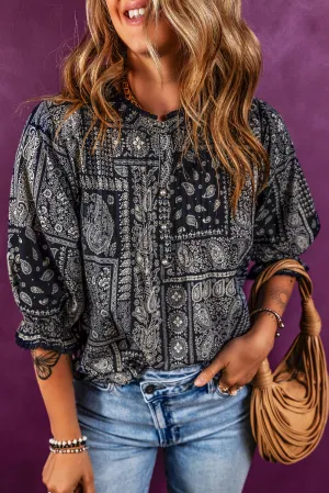 Navy Blue Vintage Boho Paisley Print 3/4 Sleeve Blouse