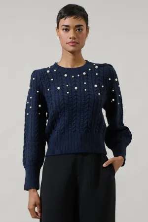 Navy Pearl Round Neck Sweater