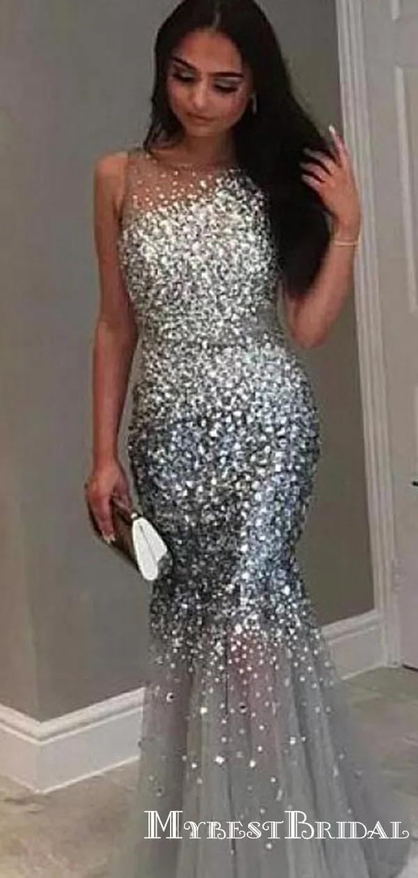 New Arrival Sparkly Scoop Sleeveless Long Cheap Heavy Beaded Mermaid Prom Dresses, TYP0086