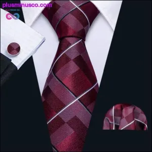 New Mens Wedding Tie Red Plaid Silk Tie Hanky Set Barry.Wang