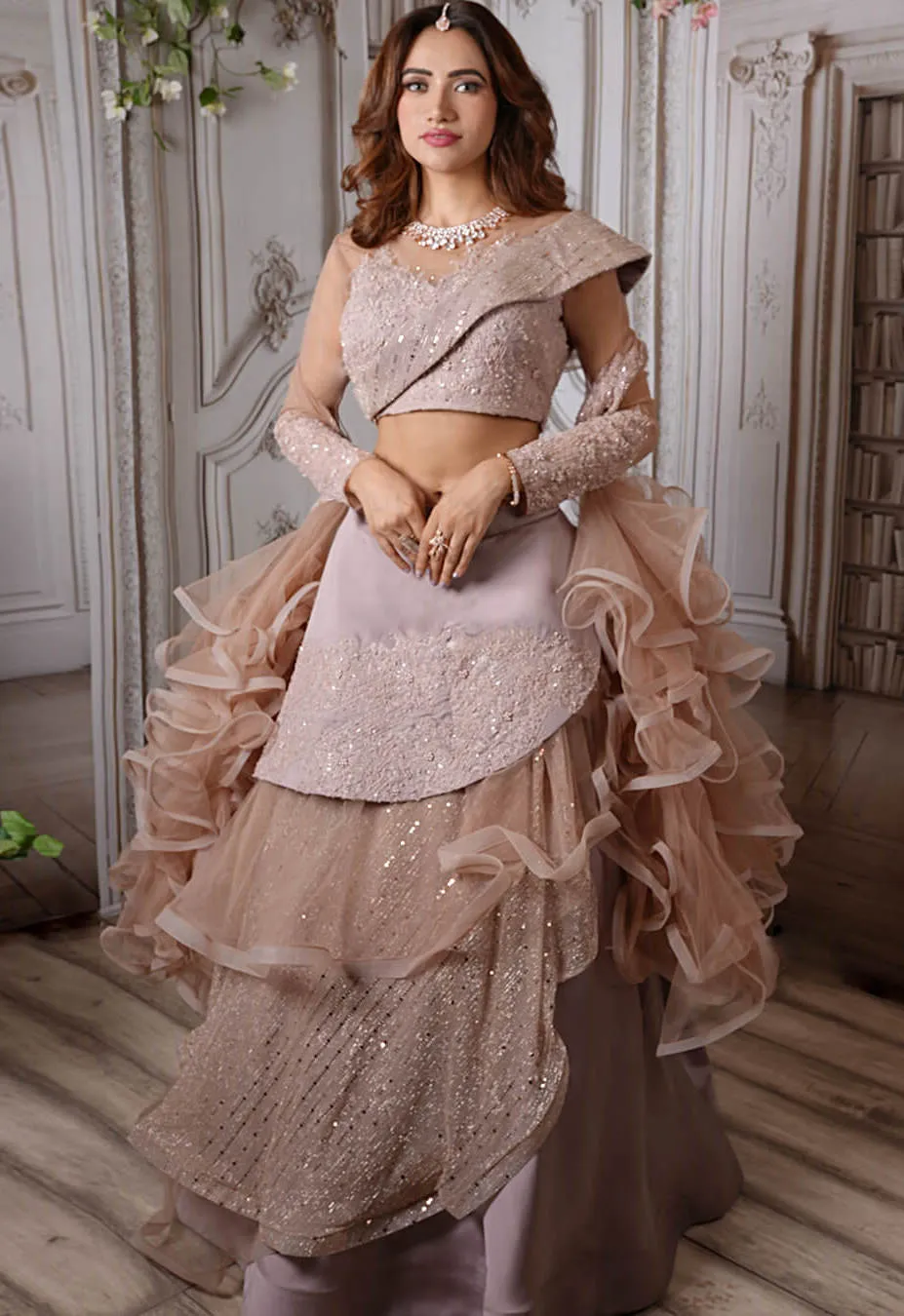 Nude Pink Ruffle Lehenga Set