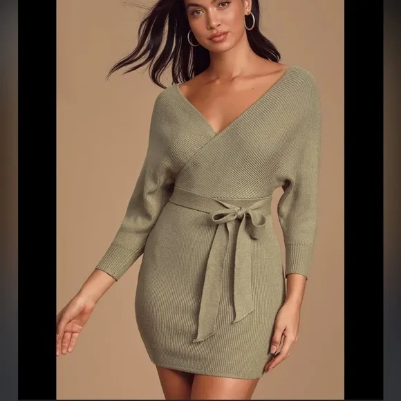 NWT LULUS Modena Sage Green Dolman Sleeve Bodycon Sweater Dress
