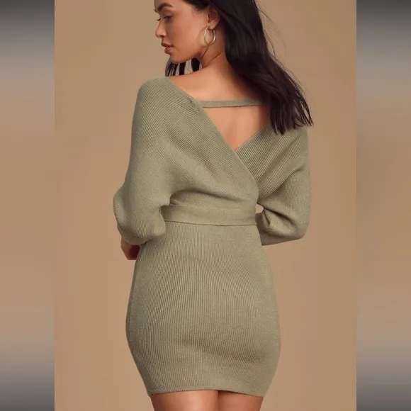 NWT LULUS Modena Sage Green Dolman Sleeve Bodycon Sweater Dress