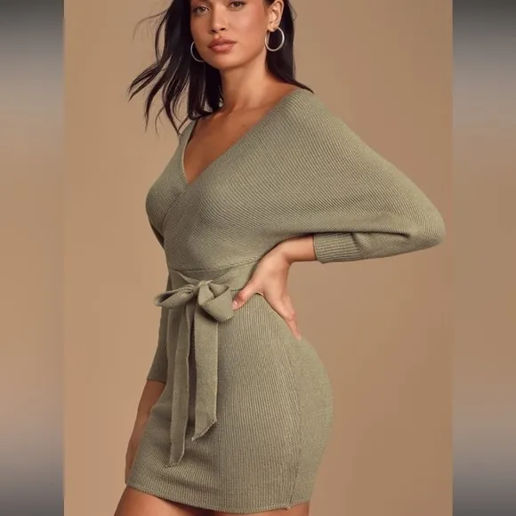 NWT LULUS Modena Sage Green Dolman Sleeve Bodycon Sweater Dress
