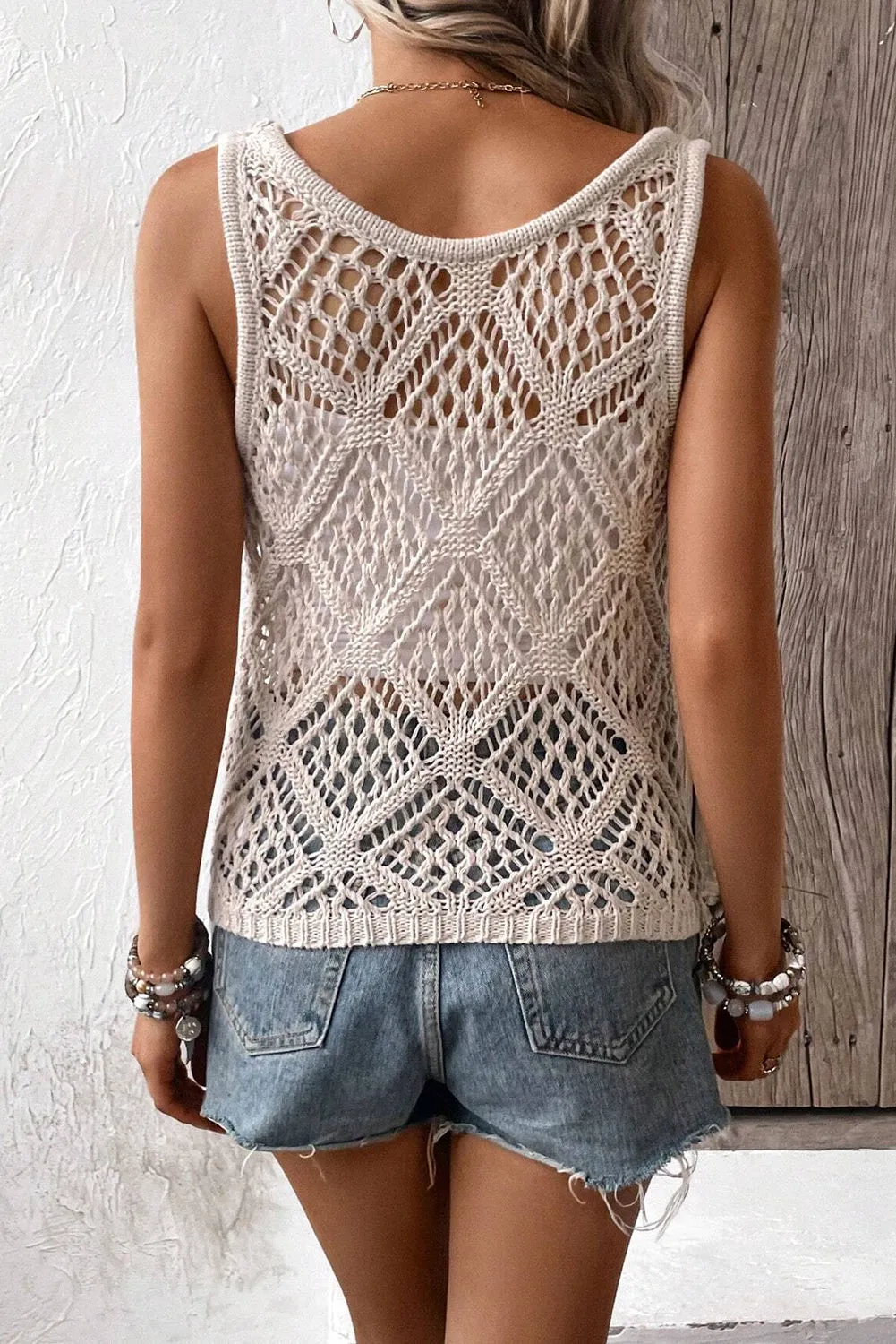 Oatmeal Solid Color Pointelle Knit Sweater Vest