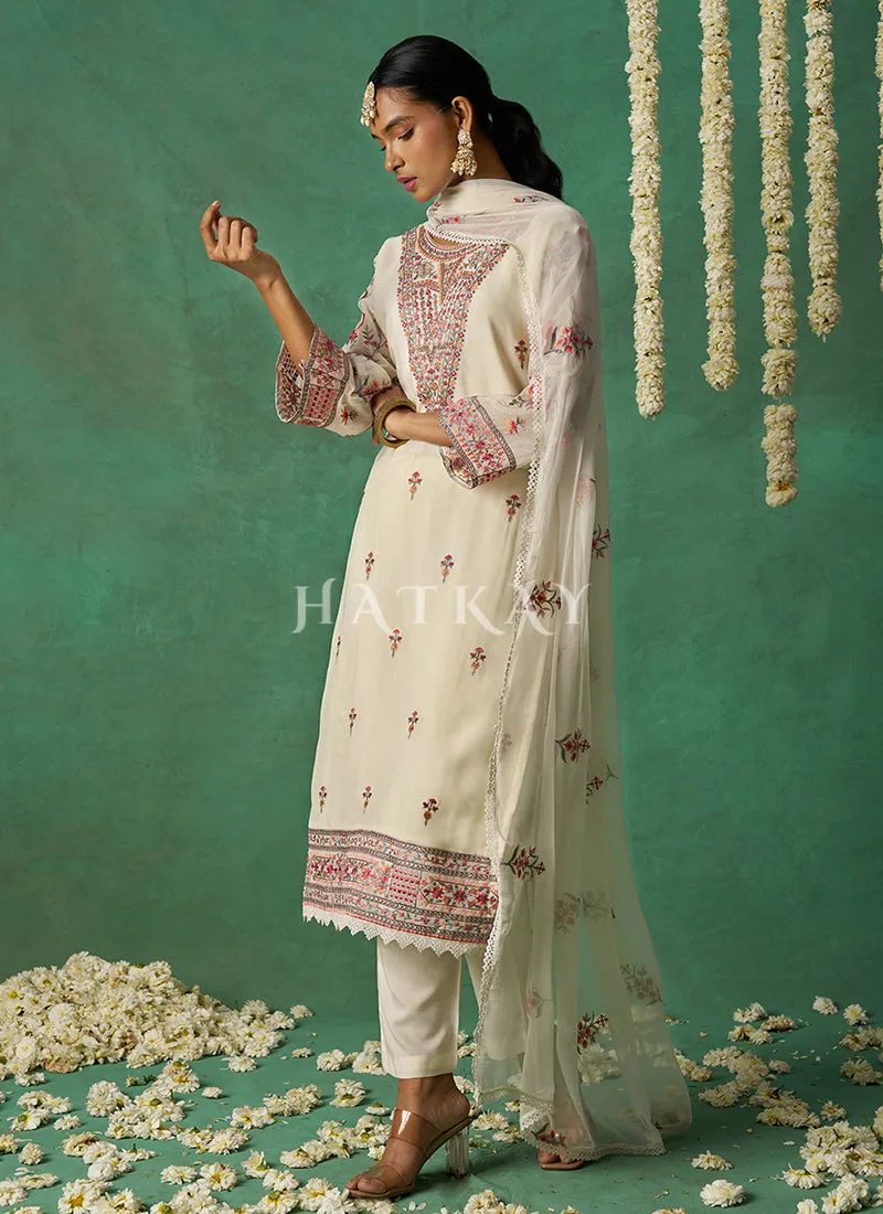 Off White Multi Embroidery Pakistani Pant Style Suit