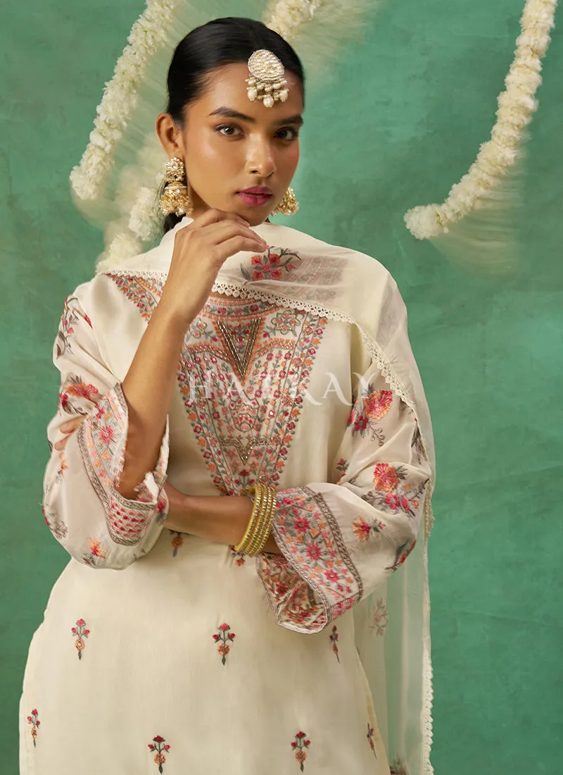 Off White Multi Embroidery Pakistani Pant Style Suit