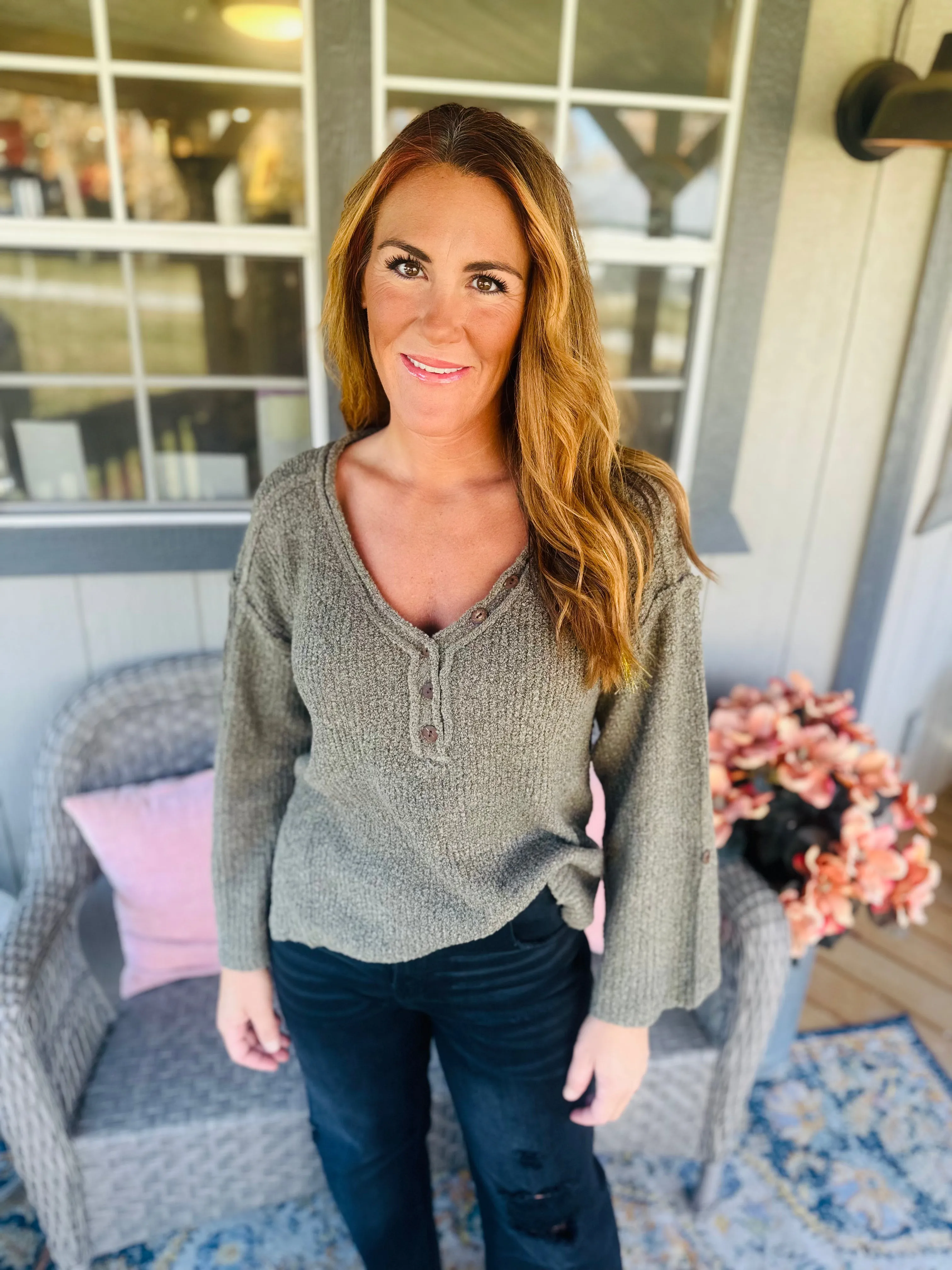Olive Button V Neck Sweater