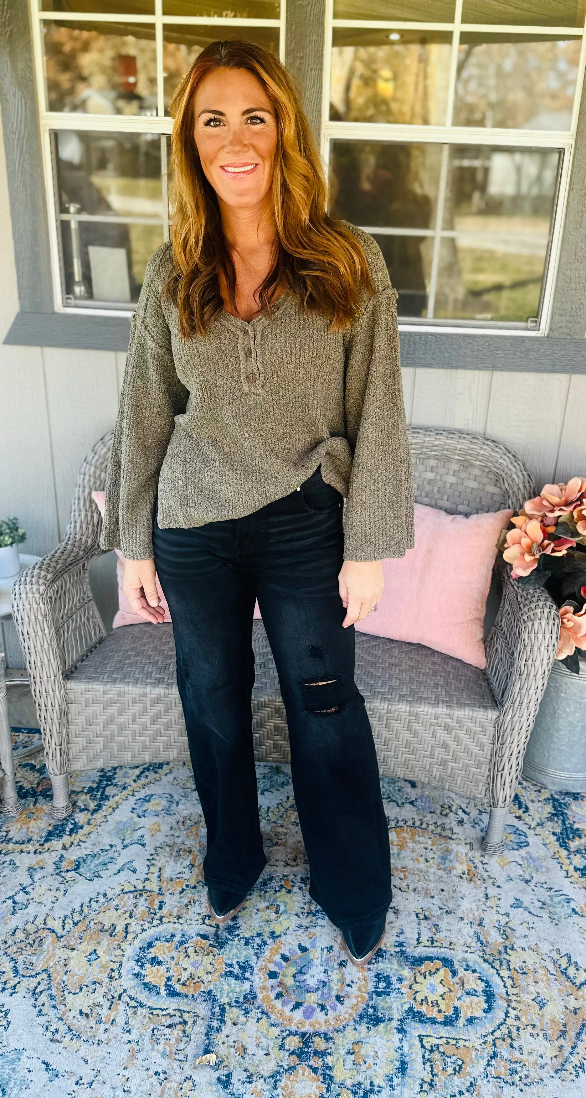 Olive Button V Neck Sweater