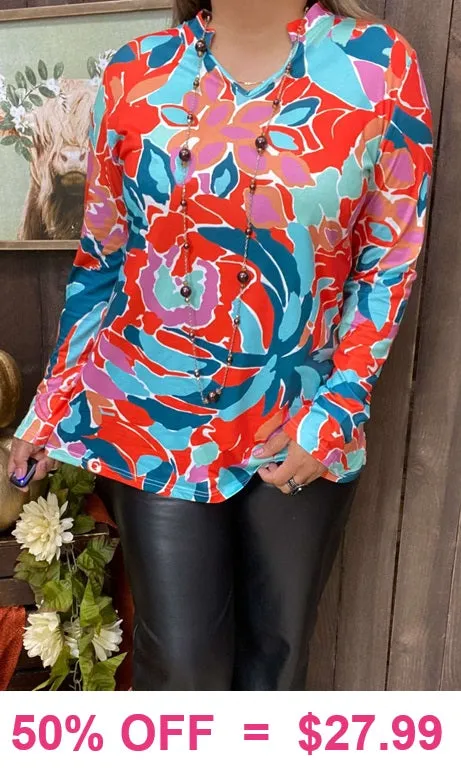Orange & Turquoise Floral Long Sleeve top