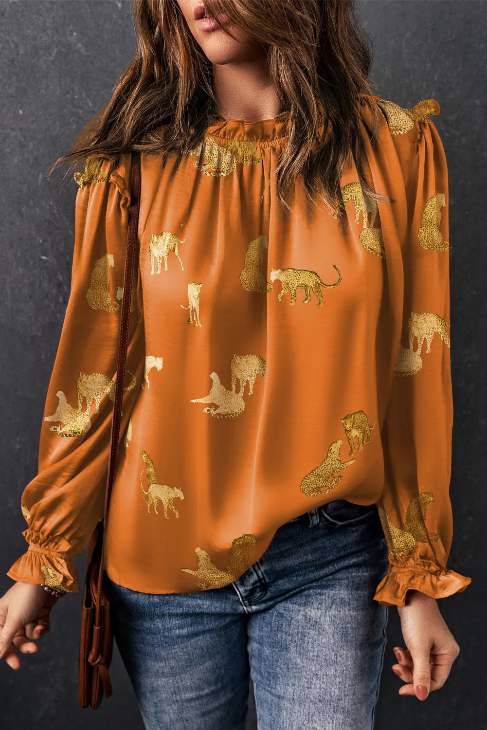 Orange Lazy Cheetah Printed Frill Long Sleeve Blouse
