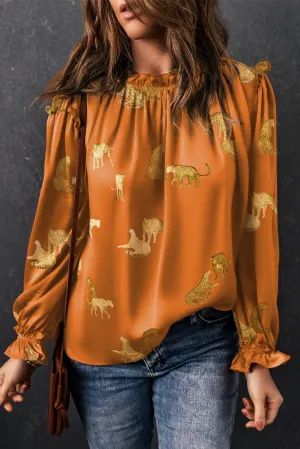 Orange Lazy Cheetah Printed Frill Long Sleeve Blouse