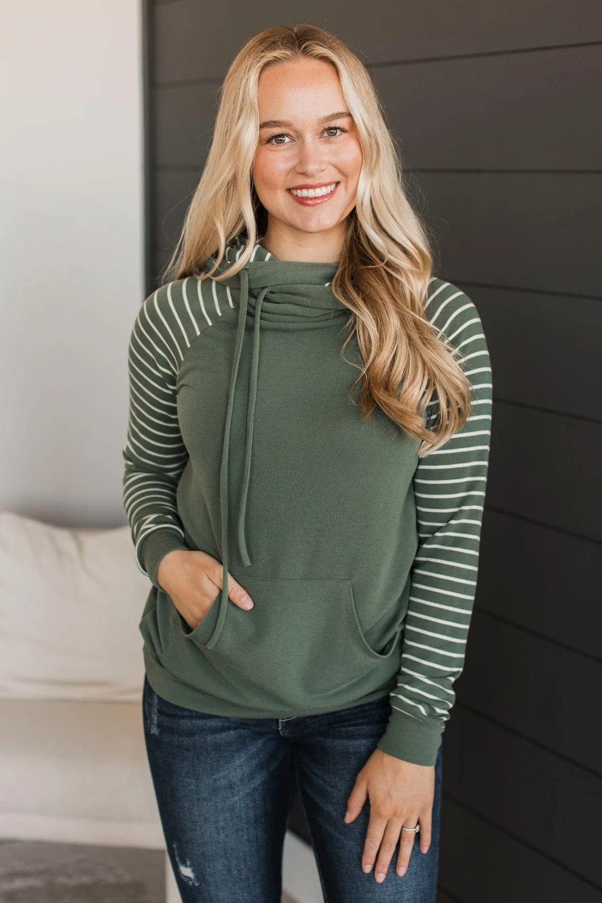 Over Again Cowl Neck Hoodie- Light Olive