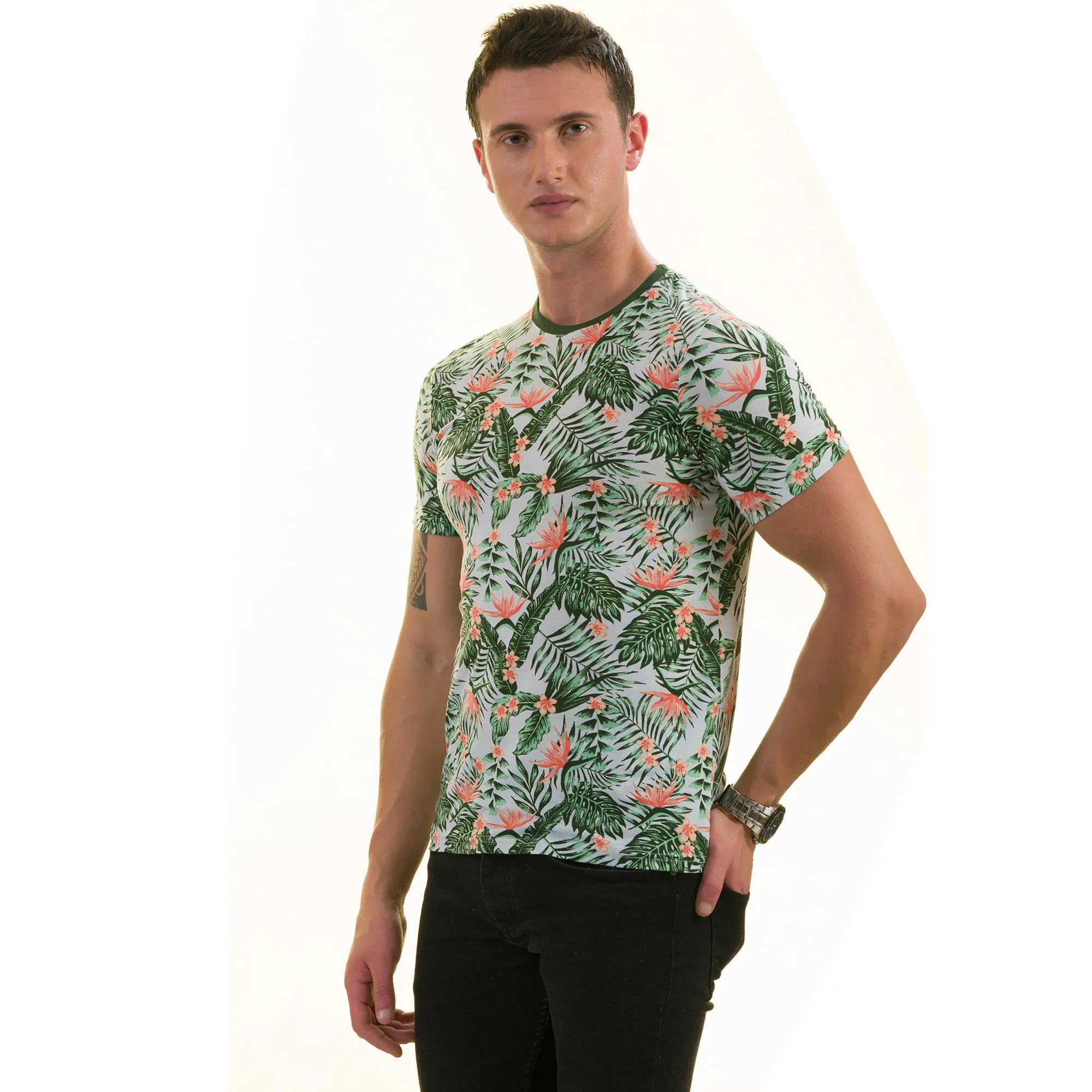 Peach Floral Green Leaves T- Shirt | European Made Premium Quality - Crew Neck Short Sleeve T-Shirts