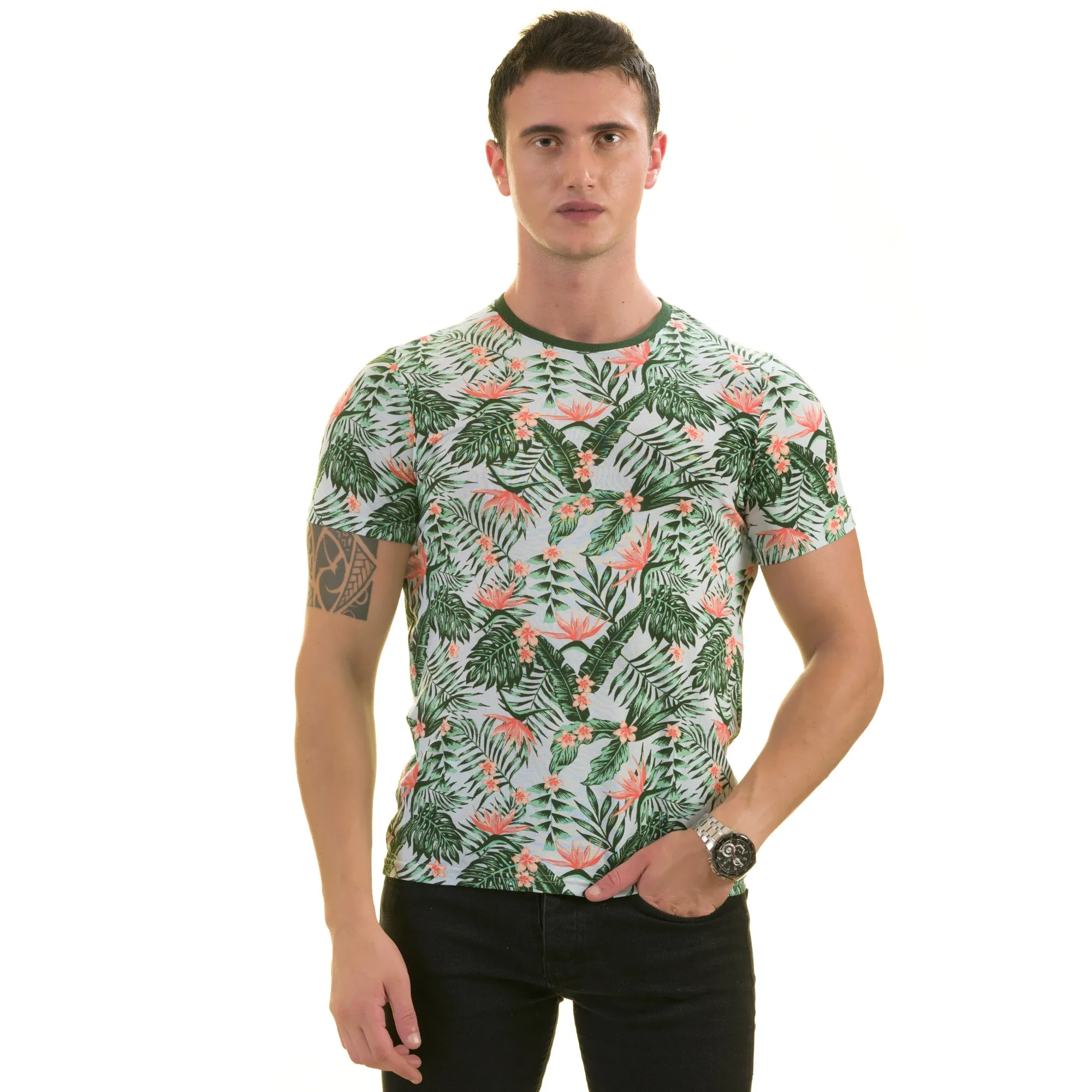 Peach Floral Green Leaves T- Shirt | European Made Premium Quality - Crew Neck Short Sleeve T-Shirts