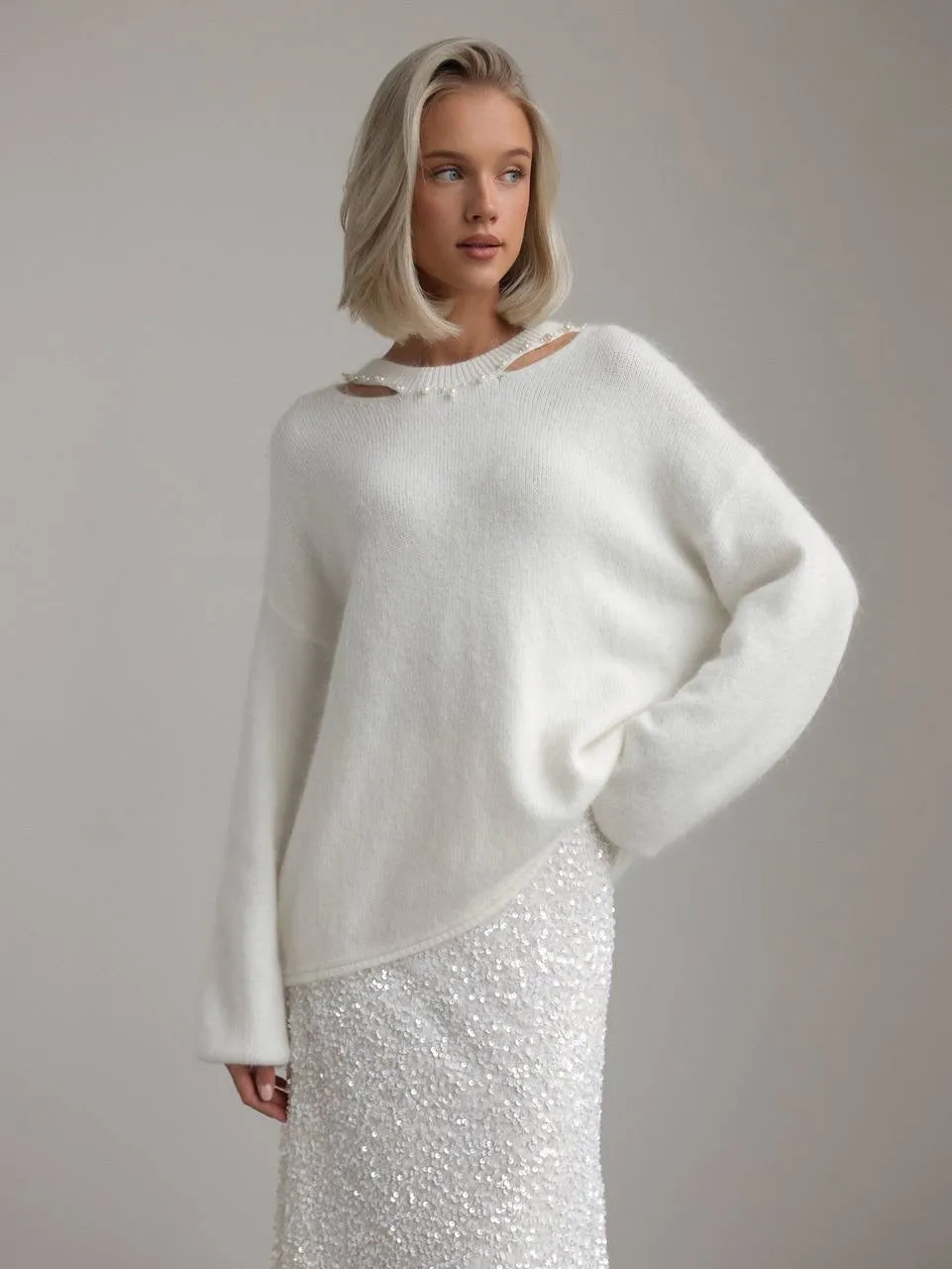 Pearl-Detail White Knit Sweater