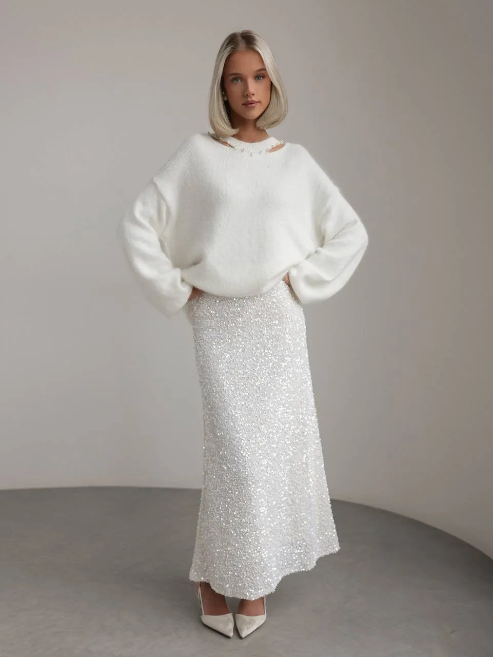 Pearl-Detail White Knit Sweater