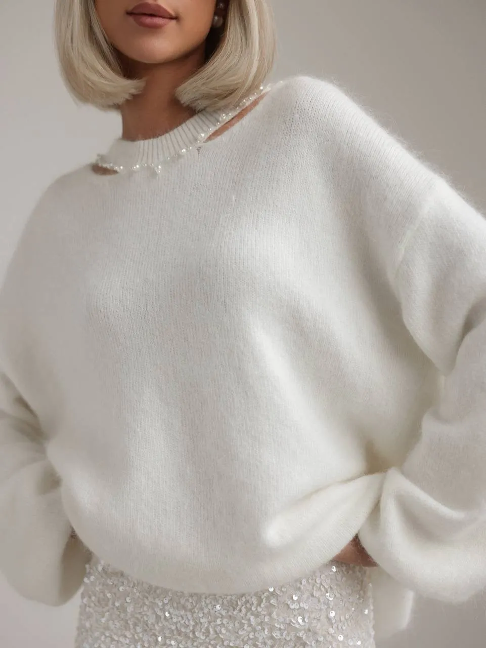 Pearl-Detail White Knit Sweater
