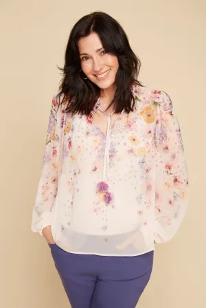 Pink Rosette Print Georgette Peasant Blouse