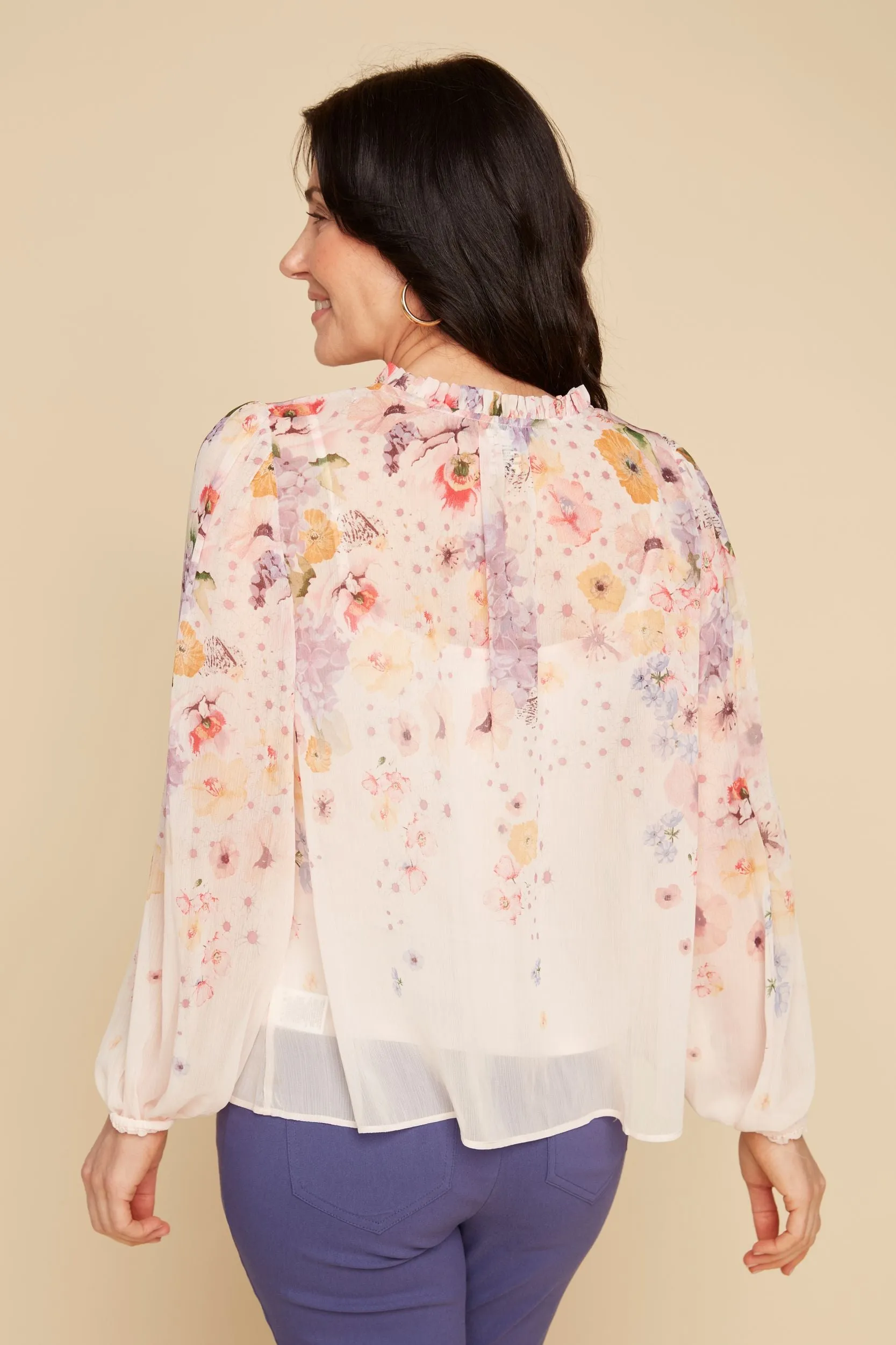 Pink Rosette Print Georgette Peasant Blouse