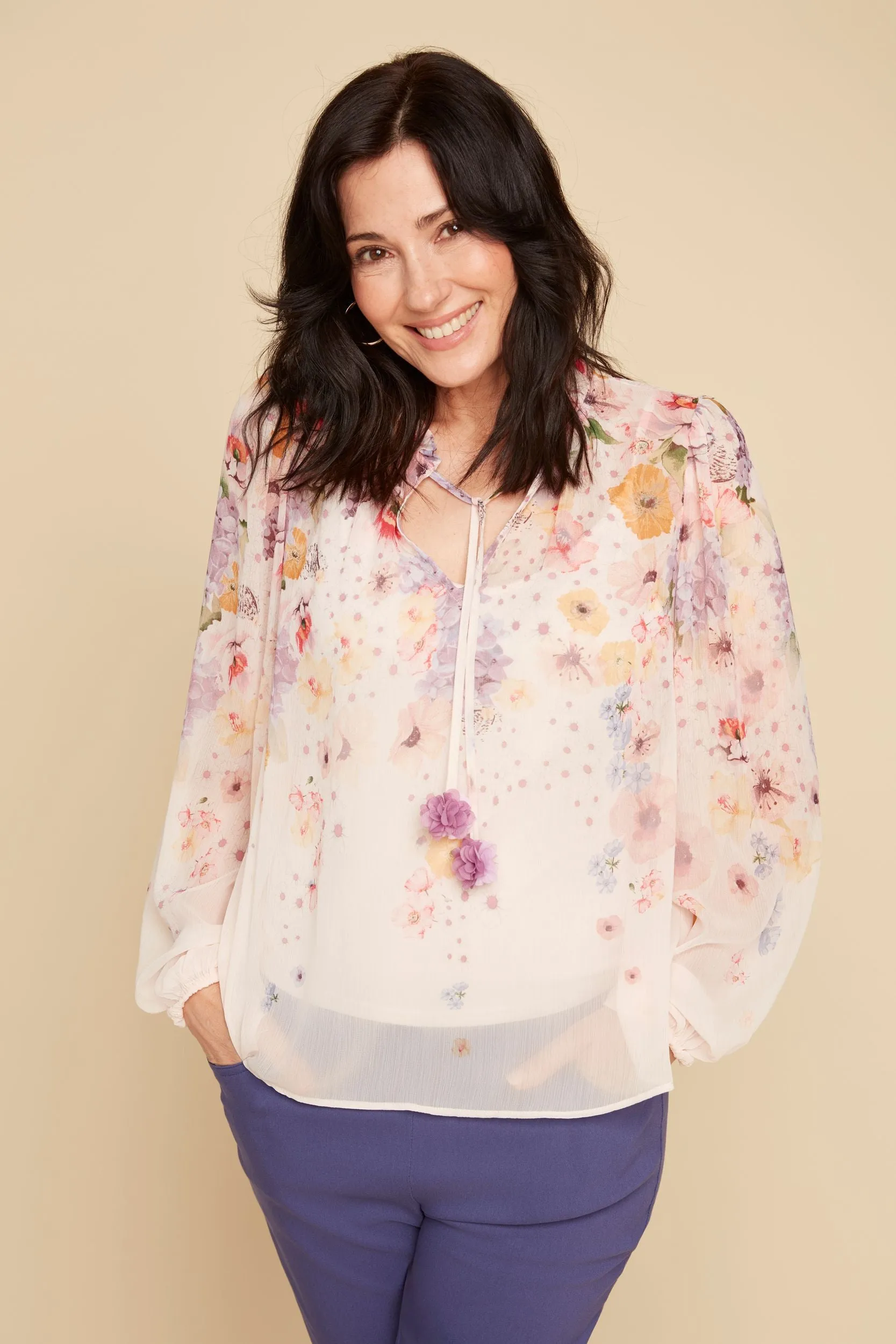 Pink Rosette Print Georgette Peasant Blouse