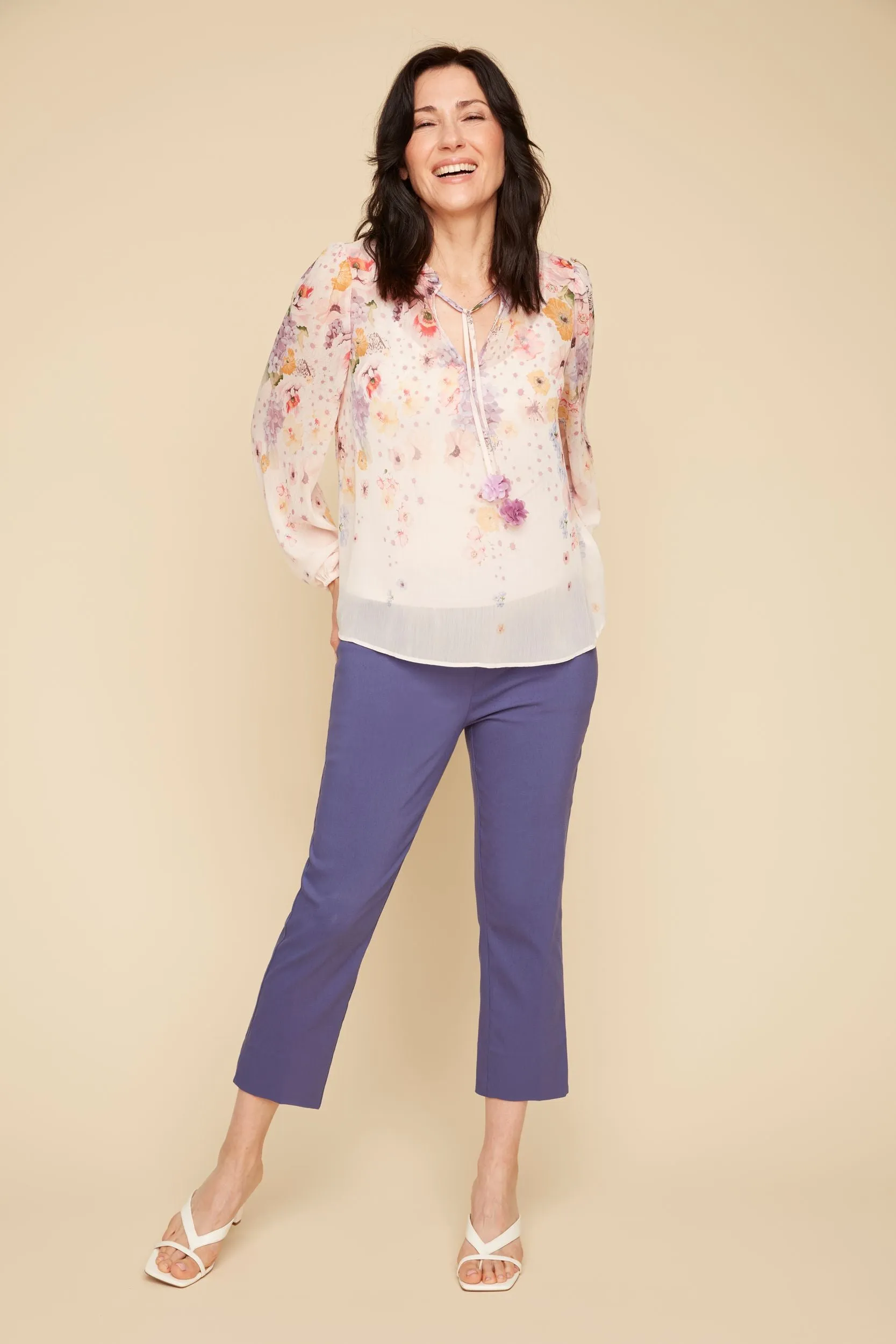 Pink Rosette Print Georgette Peasant Blouse