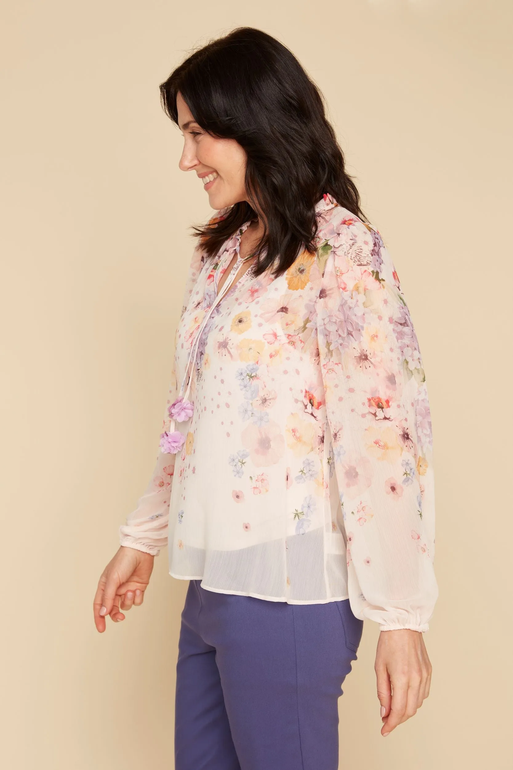 Pink Rosette Print Georgette Peasant Blouse
