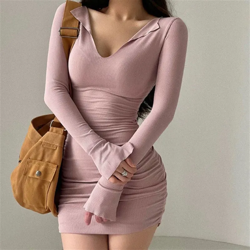 Pink V Neck Bodycon Dress