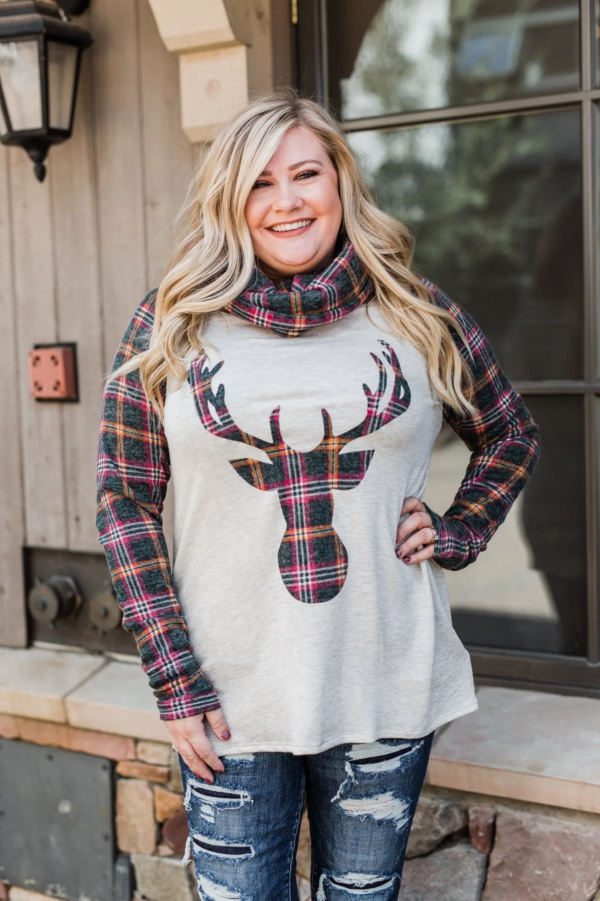 Plaid Reindeer Cowl Neck Top- Oatmeal & Green