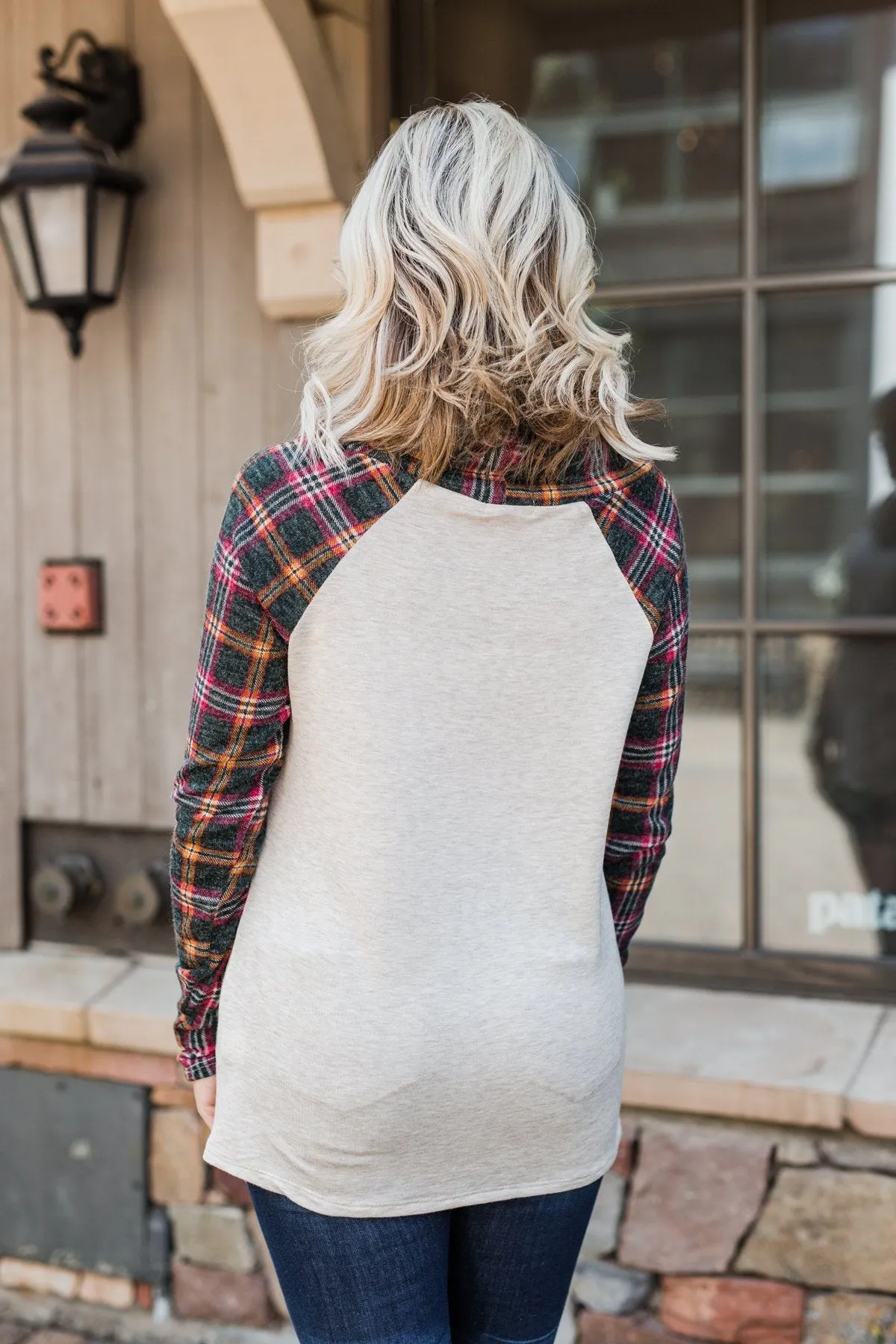 Plaid Reindeer Cowl Neck Top- Oatmeal & Green