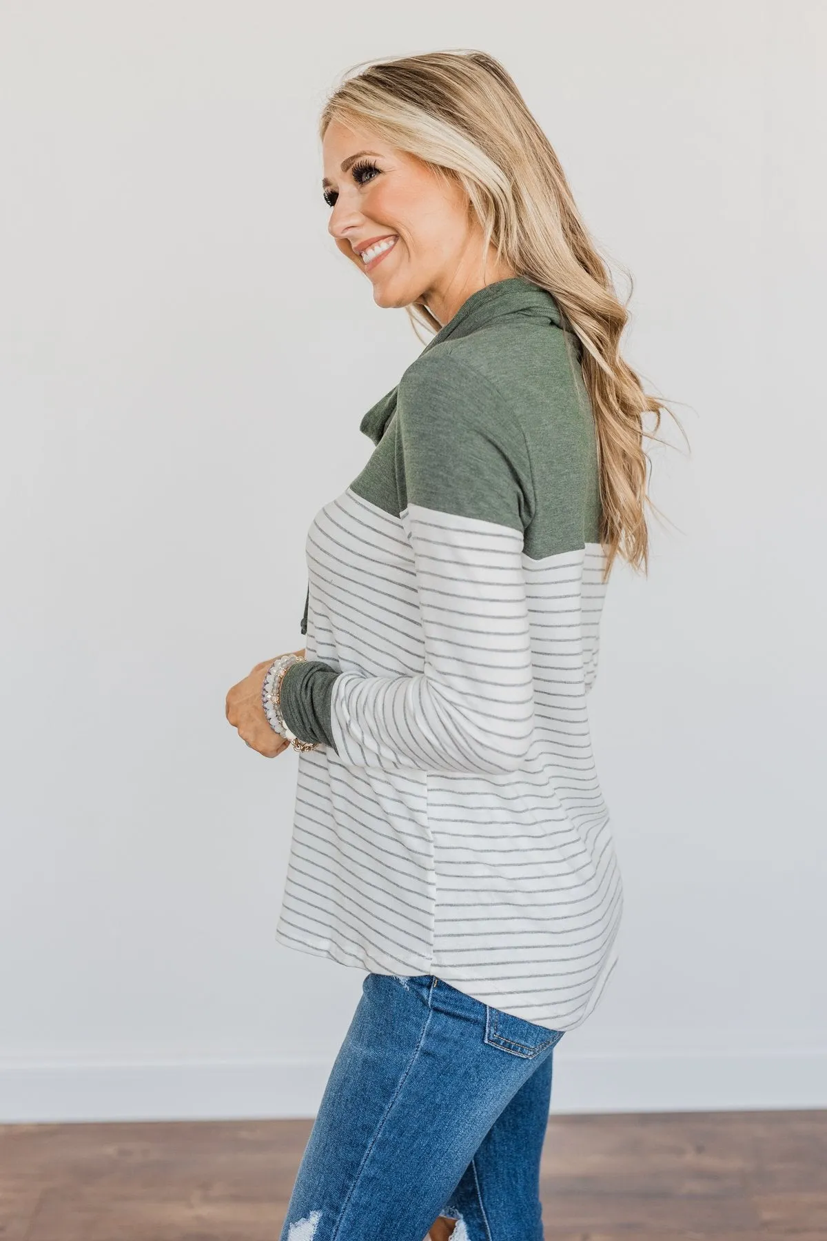 Playing For Keeps Cowl Neck Top- Olive & Off-White