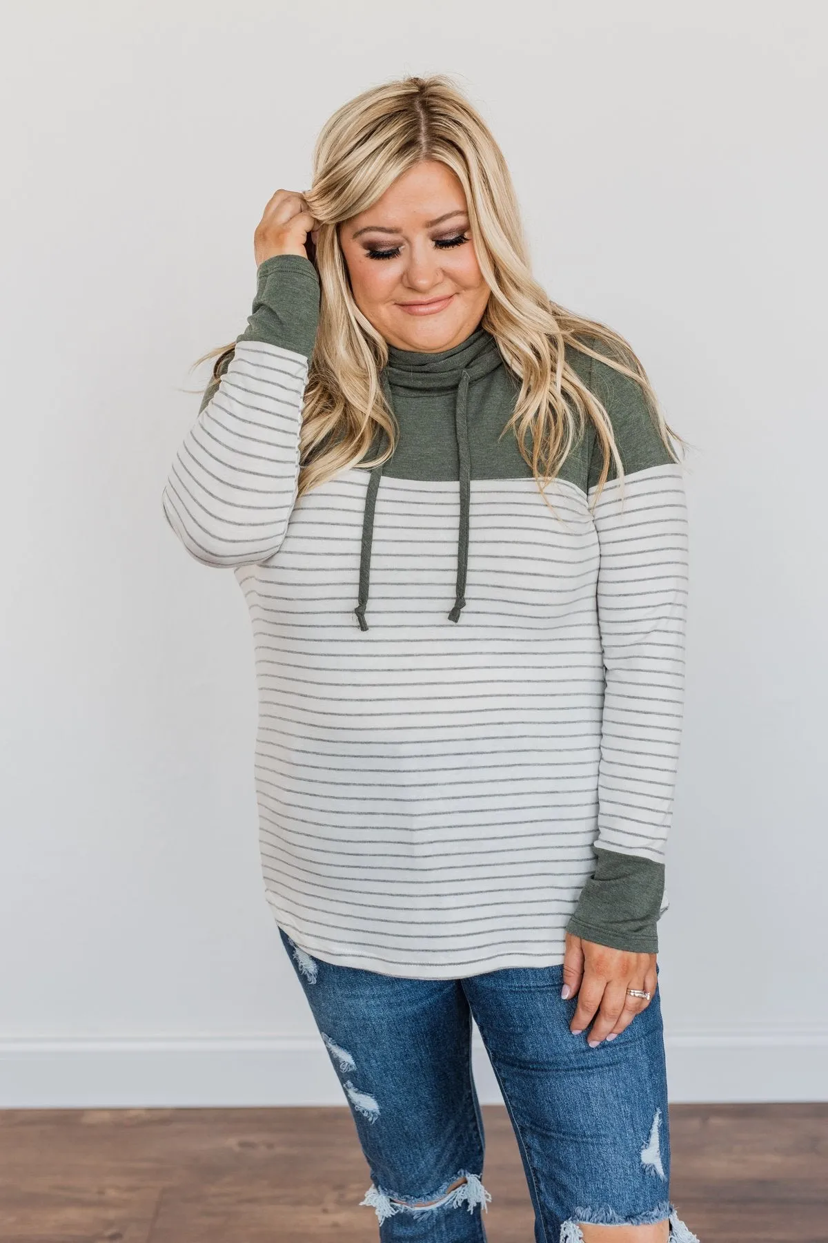 Playing For Keeps Cowl Neck Top- Olive & Off-White