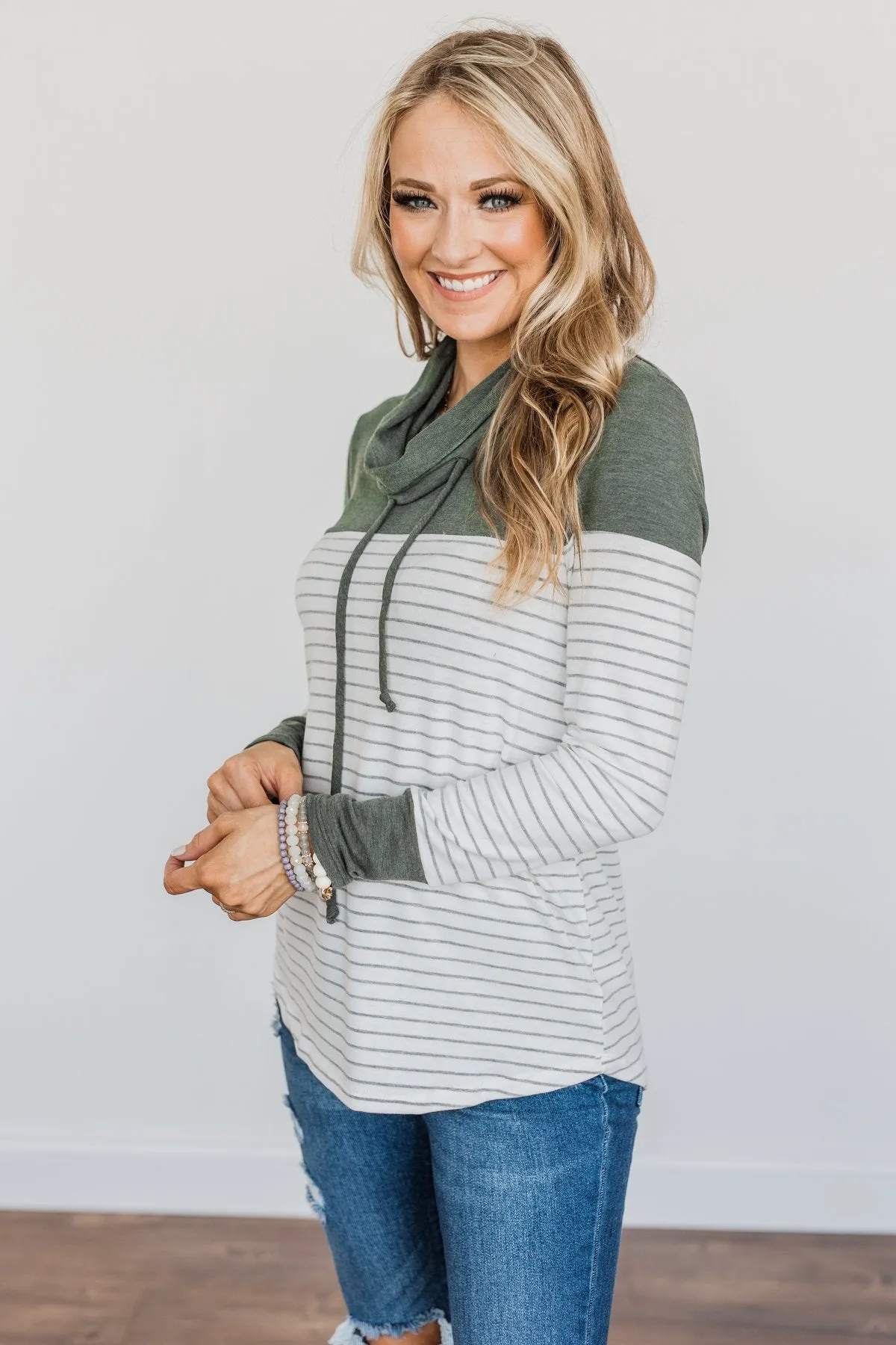 Playing For Keeps Cowl Neck Top- Olive & Off-White