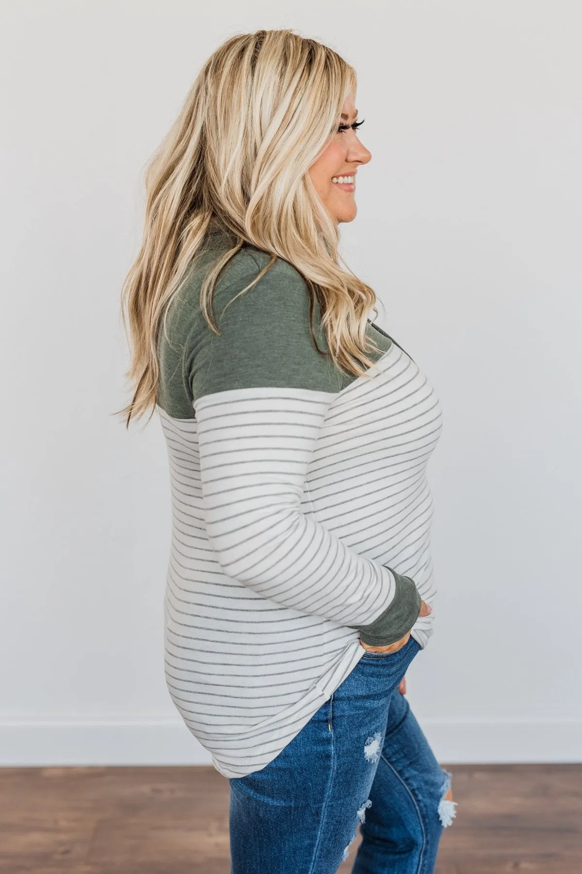 Playing For Keeps Cowl Neck Top- Olive & Off-White