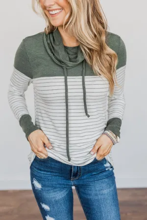 Playing For Keeps Cowl Neck Top- Olive & Off-White