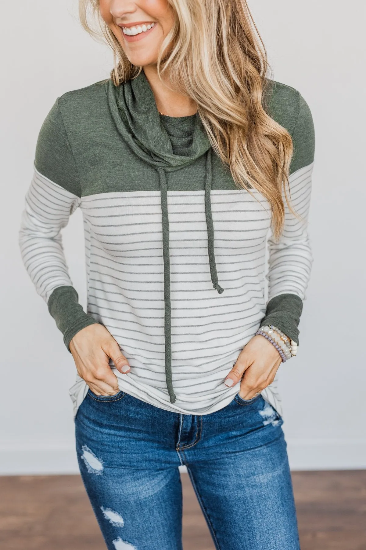 Playing For Keeps Cowl Neck Top- Olive & Off-White