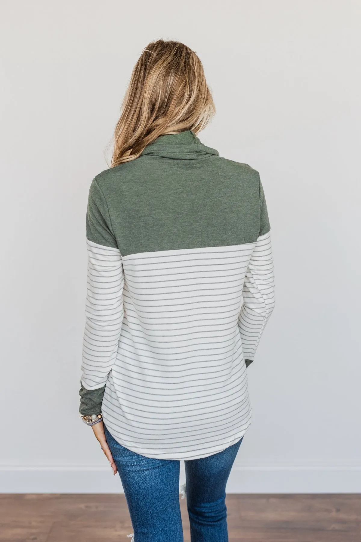 Playing For Keeps Cowl Neck Top- Olive & Off-White