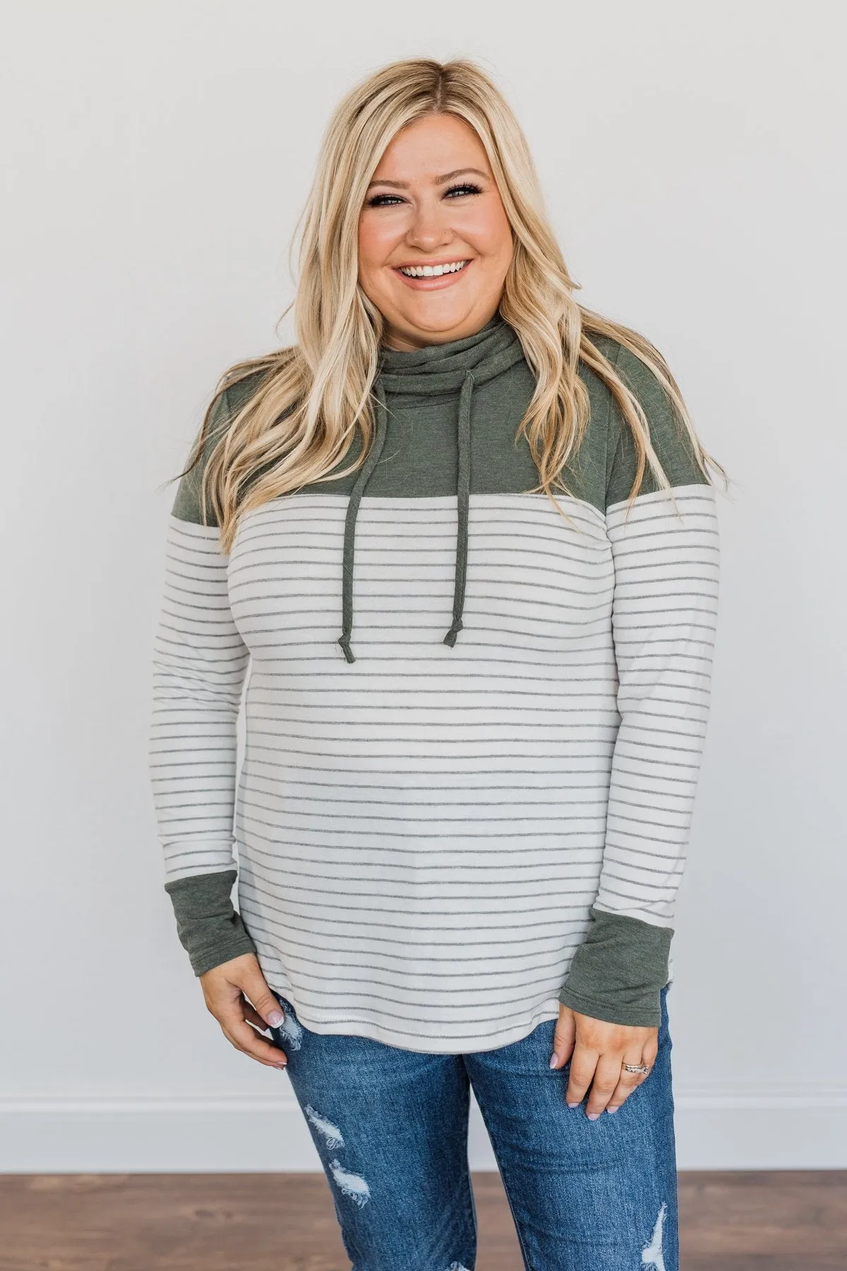 Playing For Keeps Cowl Neck Top- Olive & Off-White