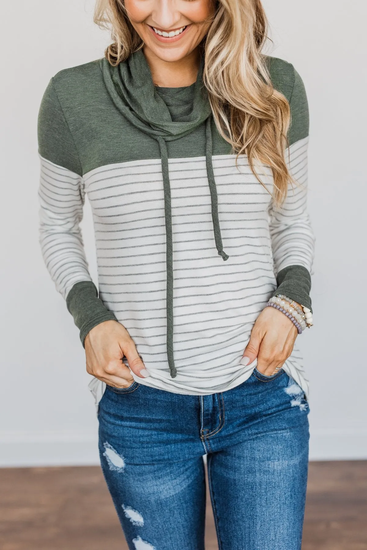 Playing For Keeps Cowl Neck Top- Olive & Off-White