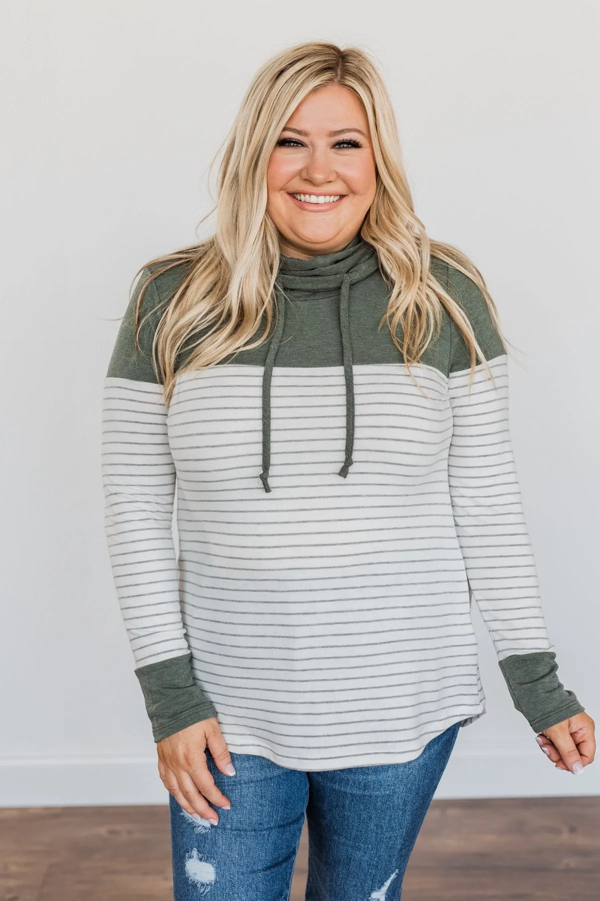 Playing For Keeps Cowl Neck Top- Olive & Off-White