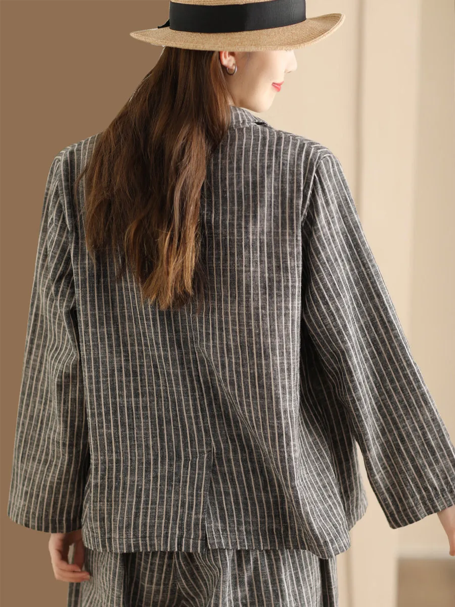 Plus Size Women Vintage Stripe Spring Linen Shirt Pants