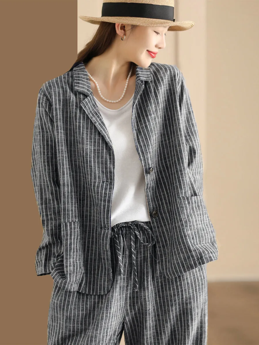 Plus Size Women Vintage Stripe Spring Linen Shirt Pants