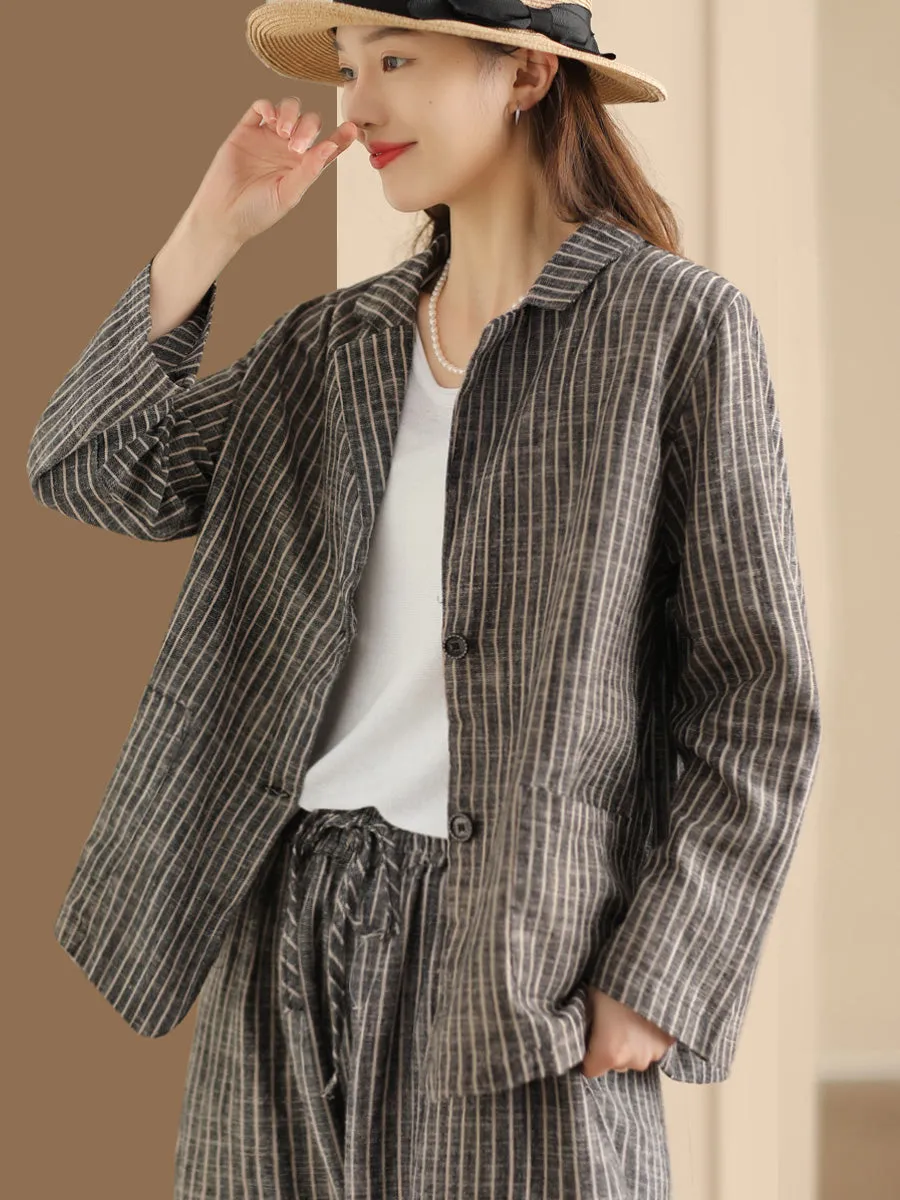 Plus Size Women Vintage Stripe Spring Linen Shirt Pants