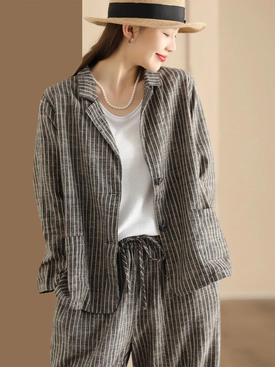 Plus Size Women Vintage Stripe Spring Linen Shirt Pants