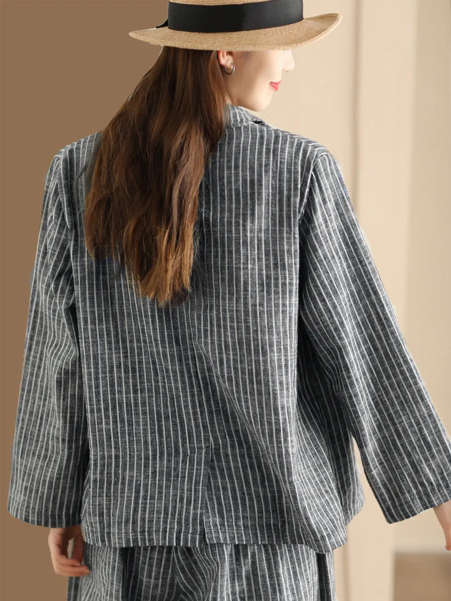 Plus Size Women Vintage Stripe Spring Linen Shirt Pants