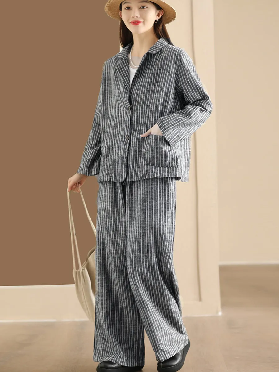 Plus Size Women Vintage Stripe Spring Linen Shirt Pants